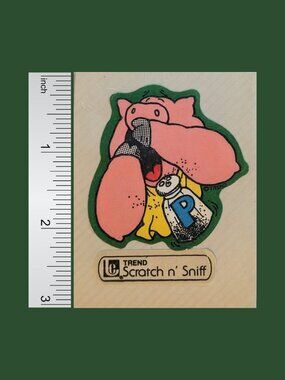 Vintage 80s Used Trend Sneezing Pig Scratch and Sniff Pepper Sticker